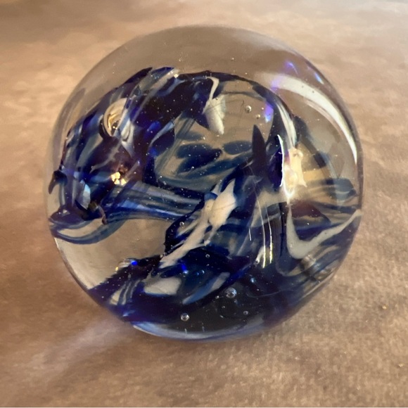 Small Hand-Blown Glass Paperweight With Swirling Blue & White Design - Picture 2 of 6
